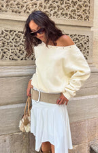 Bambi Cream Asymmetric Neckline Eyelet Sweater