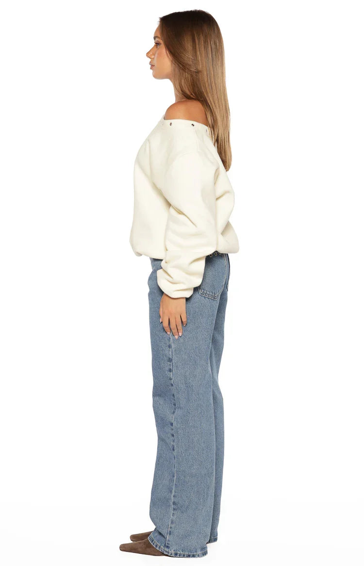 Bambi Cream Asymmetric Neckline Eyelet Sweater