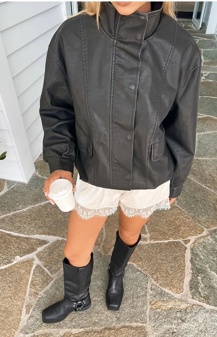 Blakely Black Funnel Neck PU Jacket