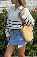 Copenhagen Cream Stripe Quarter Zip Knit Jumper