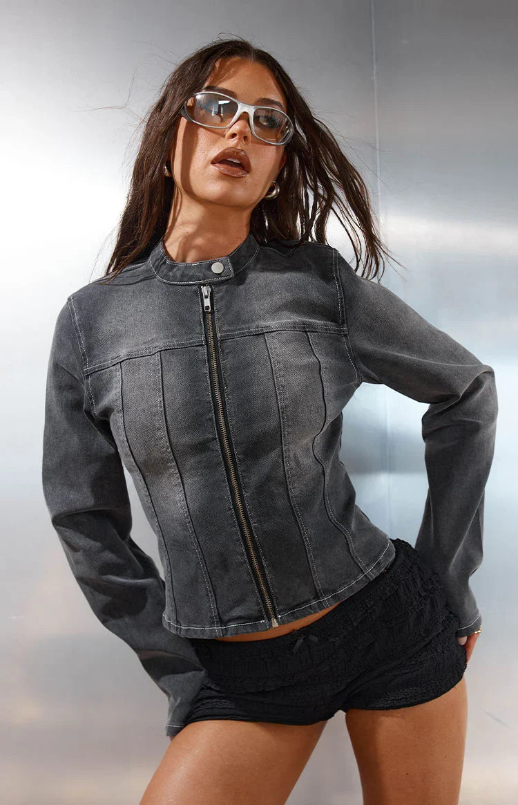 Corey Black Washed Denim Biker Jacket