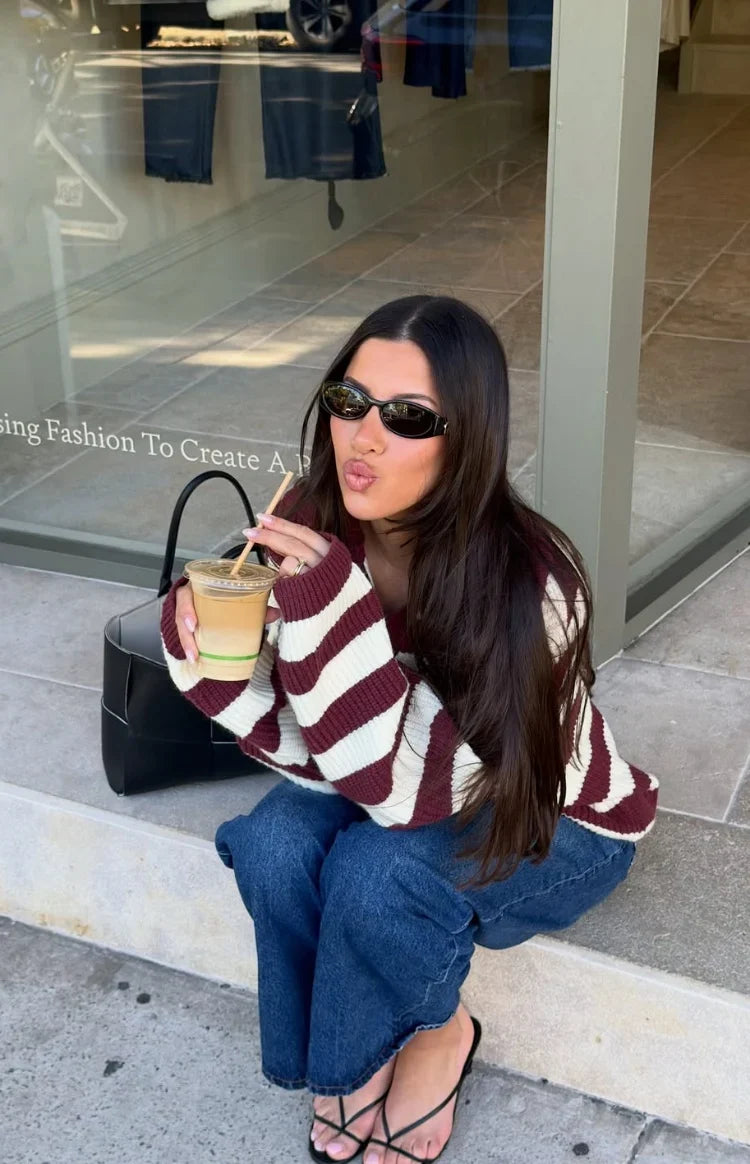Daze Burgundy Stripe Polo Knit Sweater