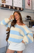 Delvey Light Blue Striped Chunky Knit Sweater