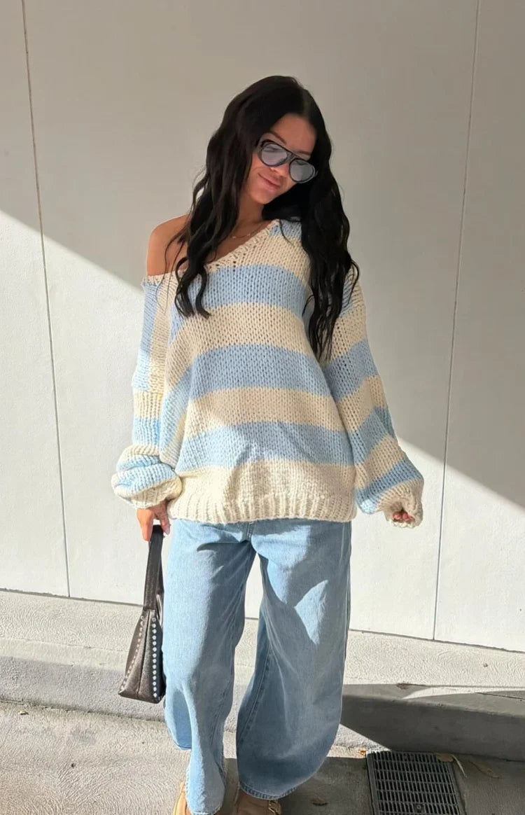 Delvey Light Blue Striped Chunky Knit Sweater