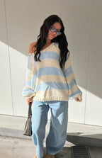 Delvey Light Blue Striped Chunky Knit Sweater