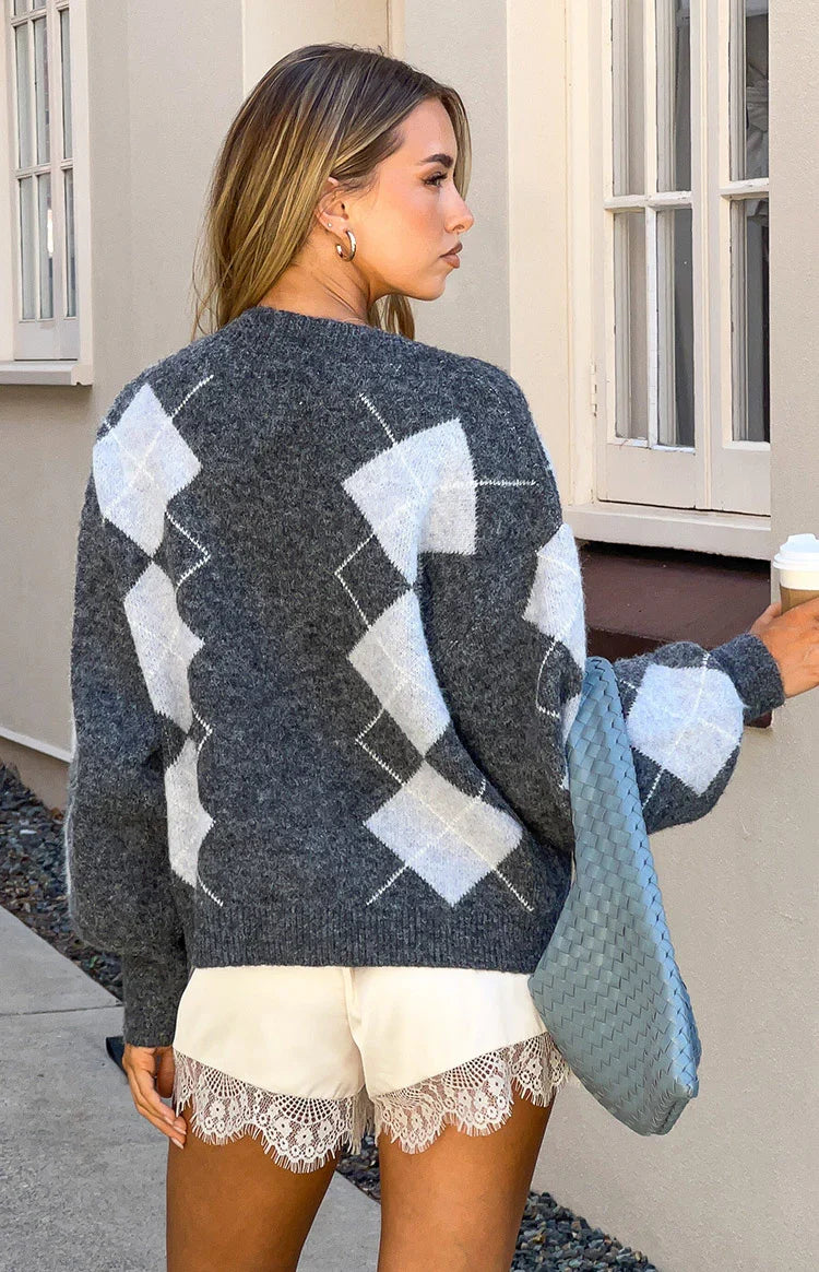 Delylah Grey Argyle Print Oversized Cardigan