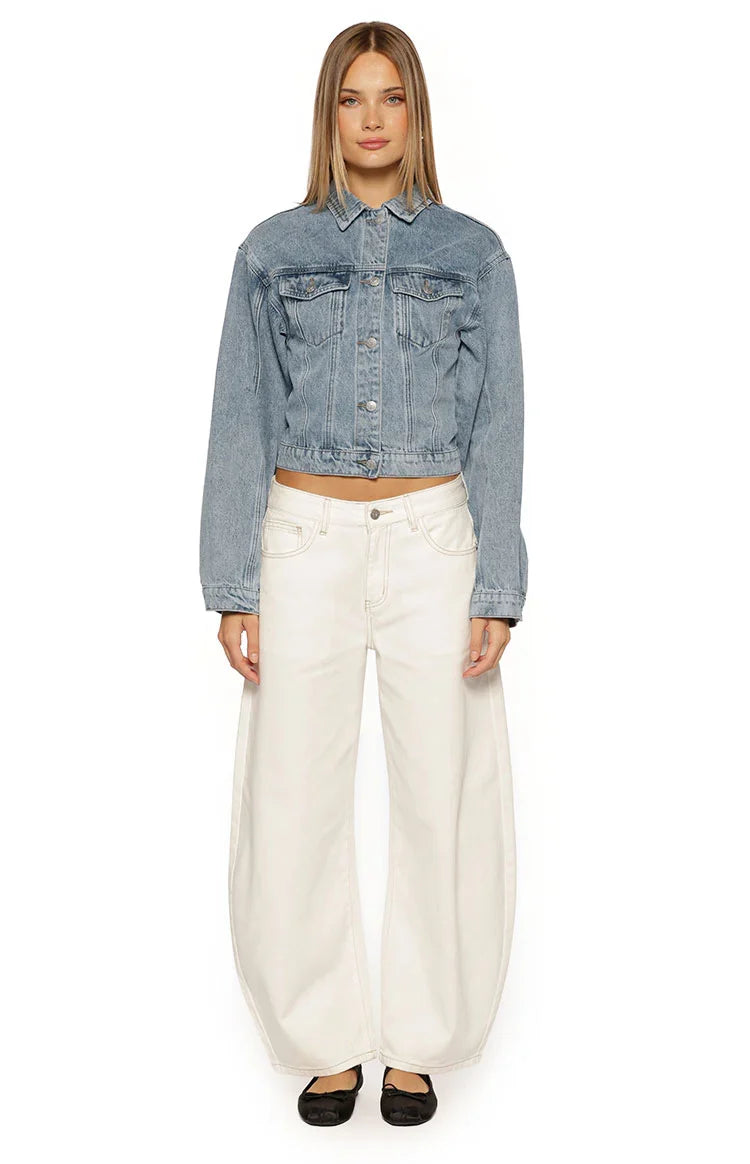 Elana Mid Wash Cinched Waist Denim Jacket