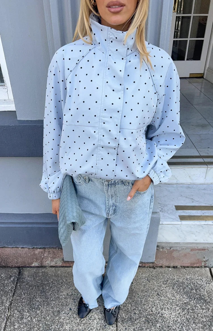 Erin Blue Polka Dot Funnel Neck Sports Jacket