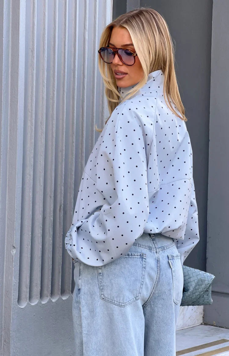 Erin Blue Polka Dot Funnel Neck Sports Jacket