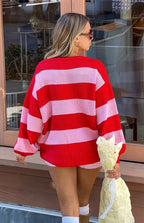 Finley Red and Pink Stripe Off Shoulder Knit Sweater