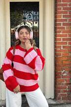 Finley Red and Pink Stripe Off Shoulder Knit Sweater