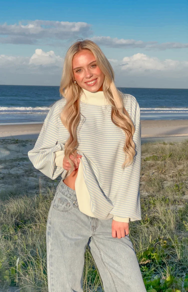 Flossy Mock Neck Blue Stripe Sweater