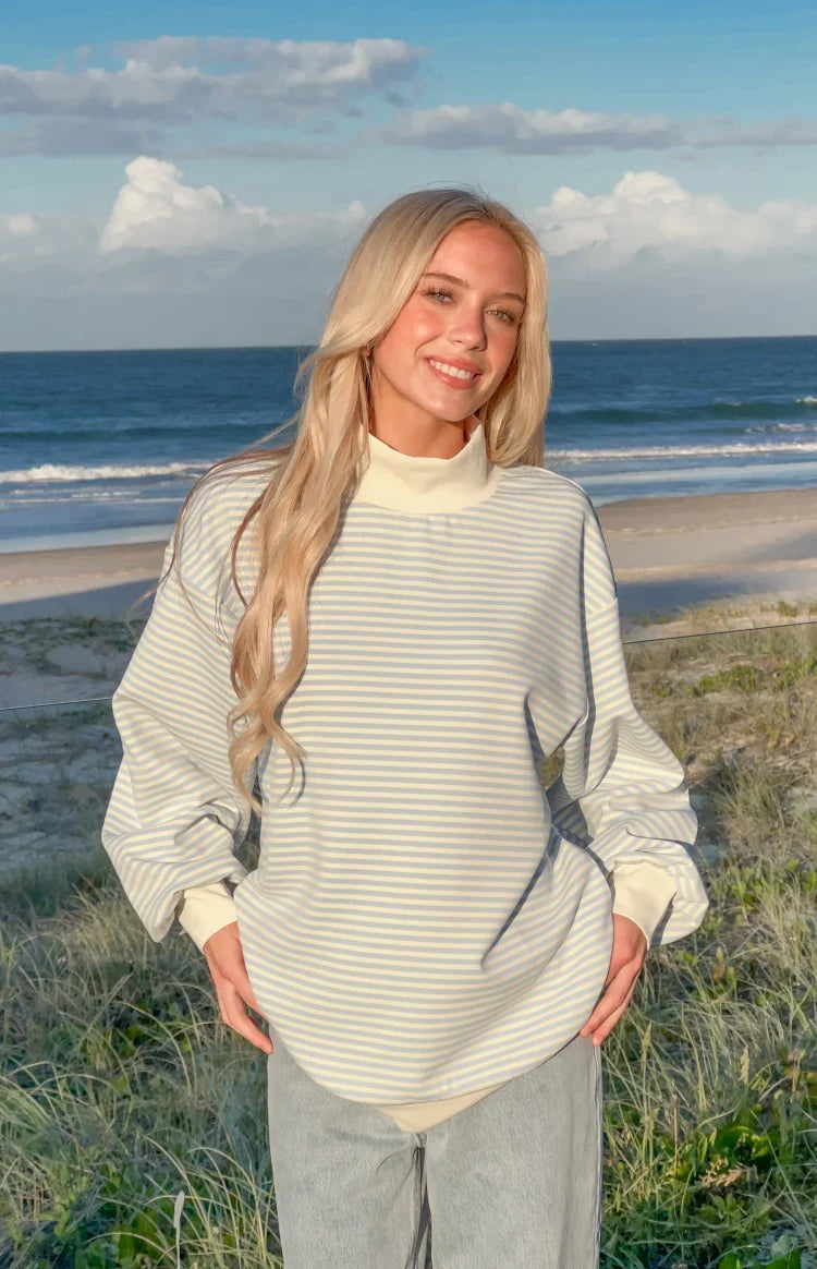 Flossy Mock Neck Blue Stripe Sweater