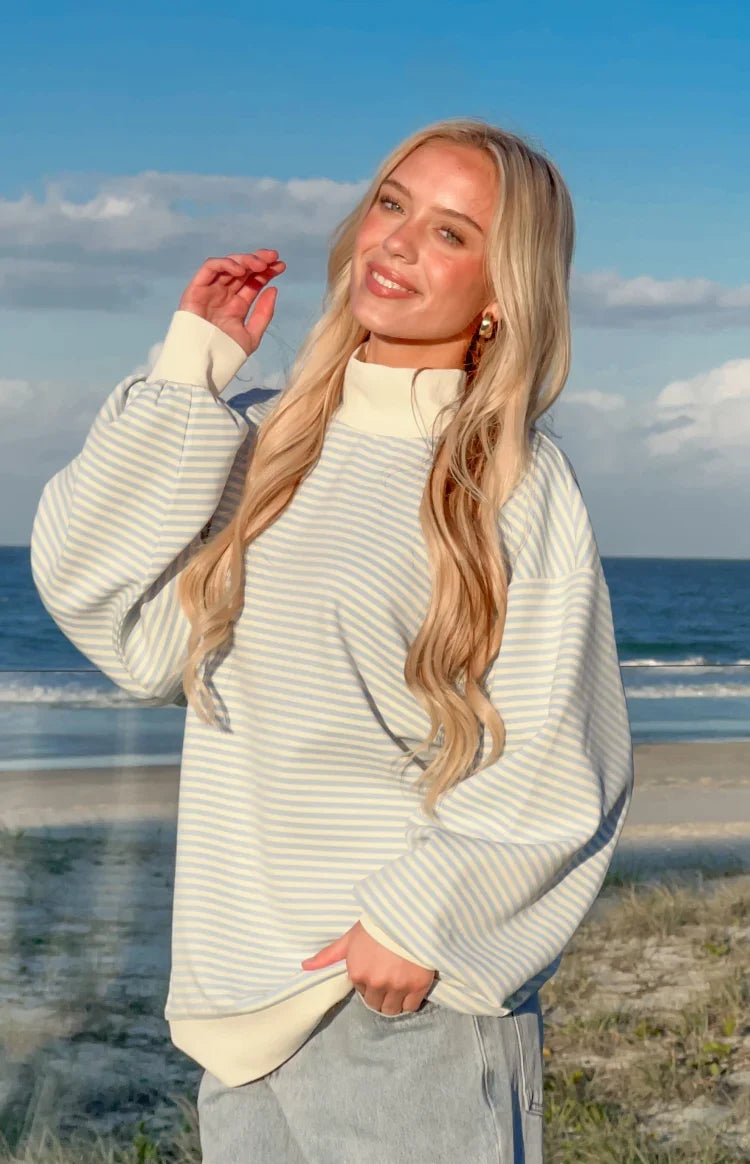 Flossy Mock Neck Blue Stripe Sweater