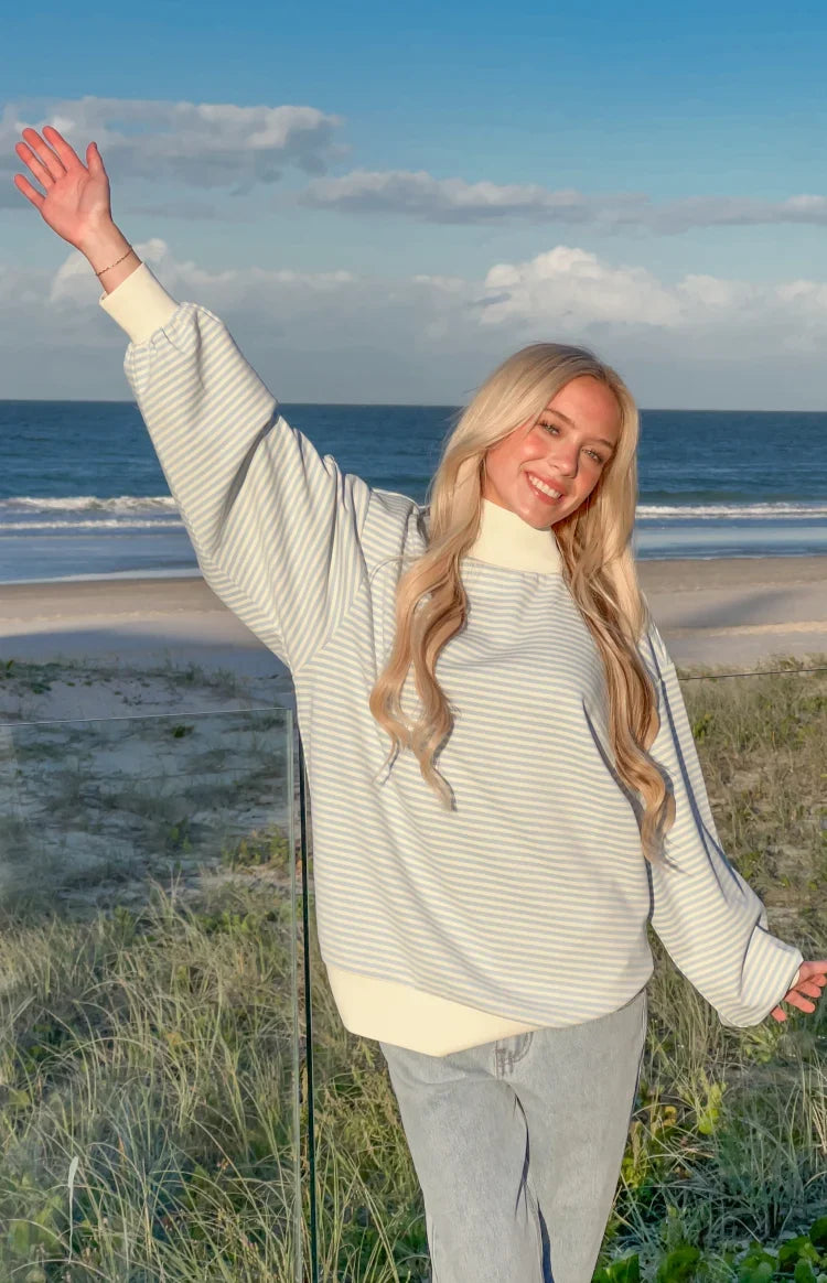 Flossy Mock Neck Blue Stripe Sweater