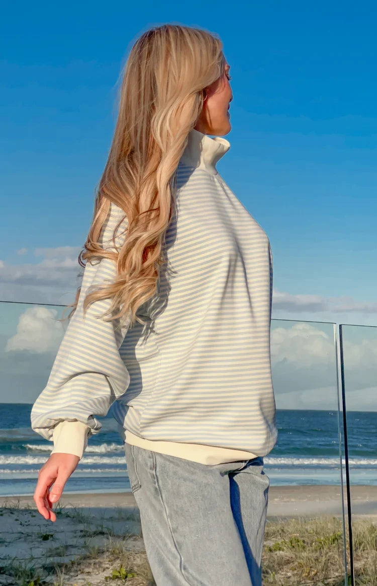 Flossy Mock Neck Blue Stripe Sweater