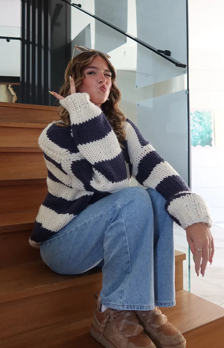 Delvey Navy Striped Chunky Knit Sweater