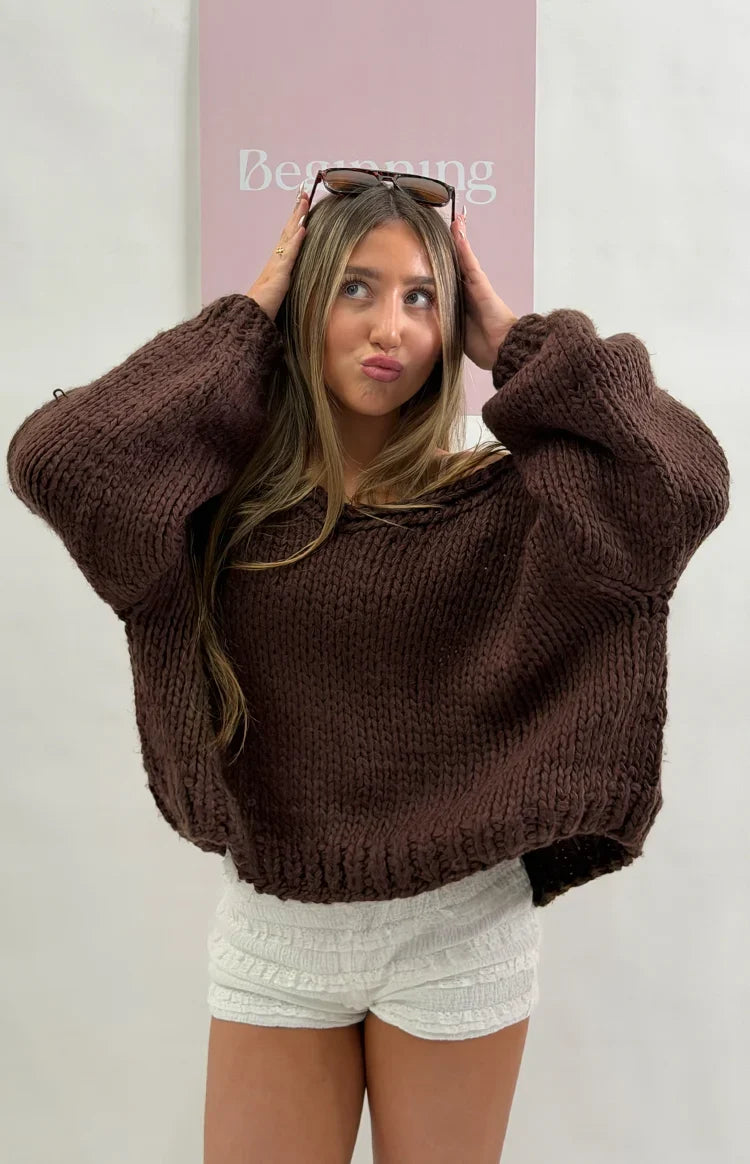 Holiday Chocolate Brown Tie Up Knit Cardigan