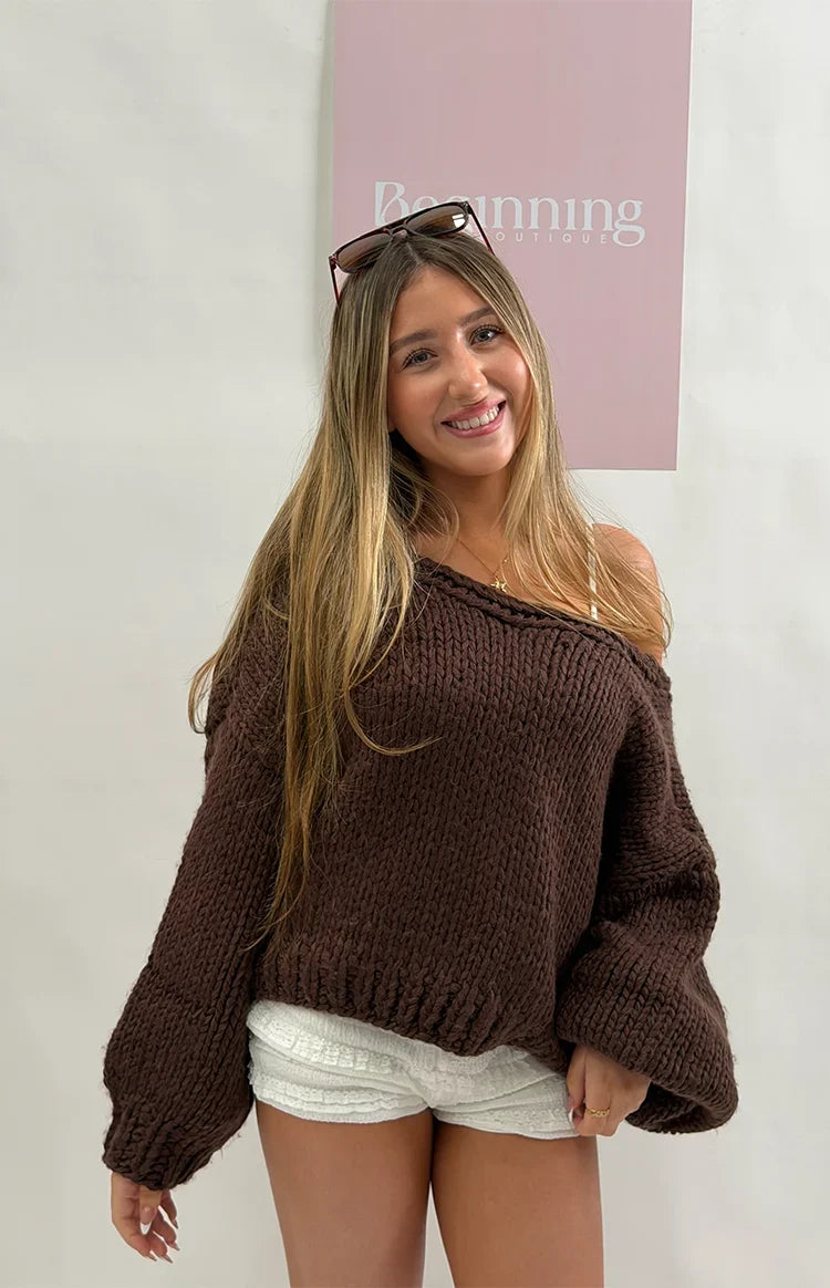 Holiday Chocolate Brown Tie Up Knit Cardigan