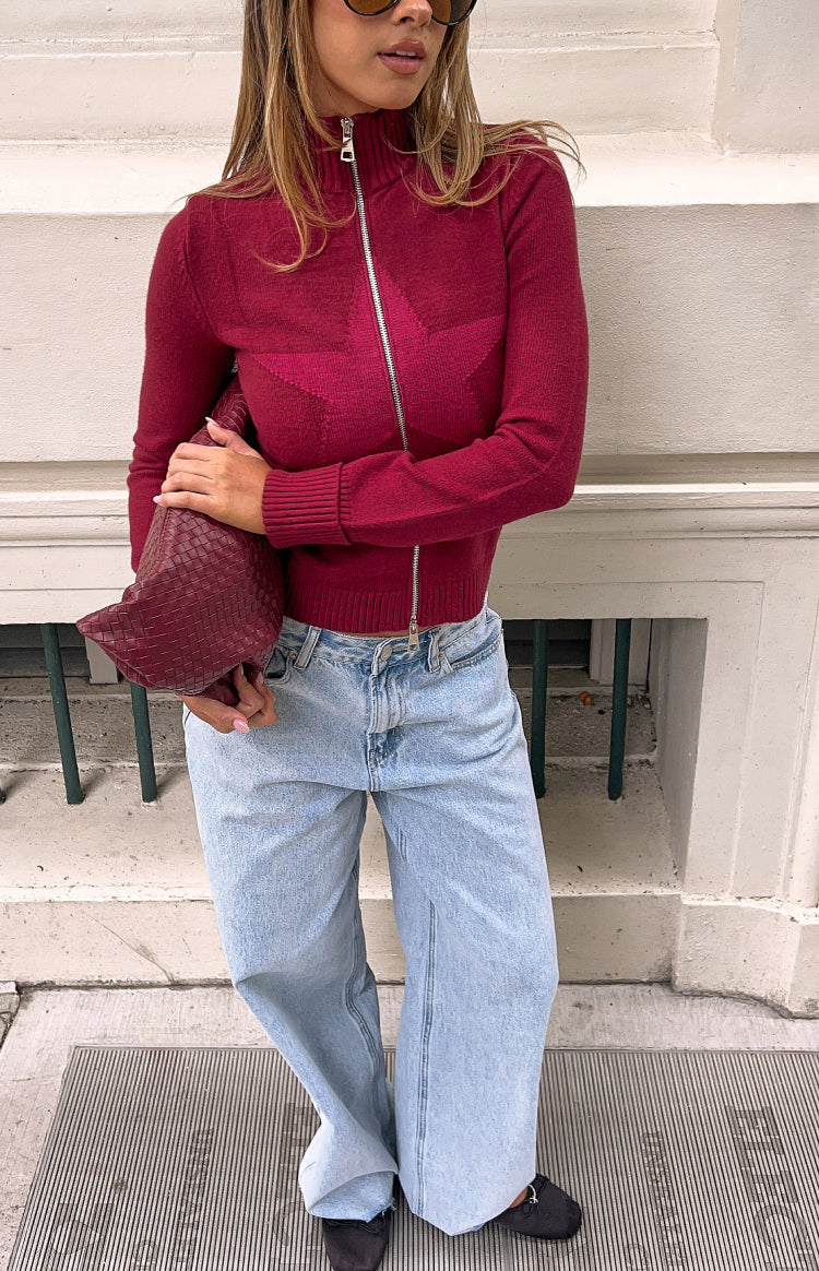Groove Burgundy Star Zip Up Knit Sweater