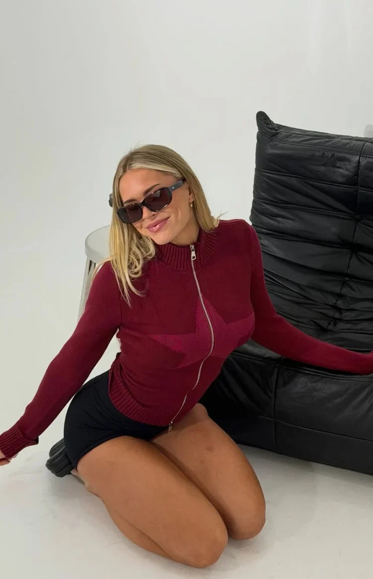 Groove Burgundy Star Zip Up Knit Sweater
