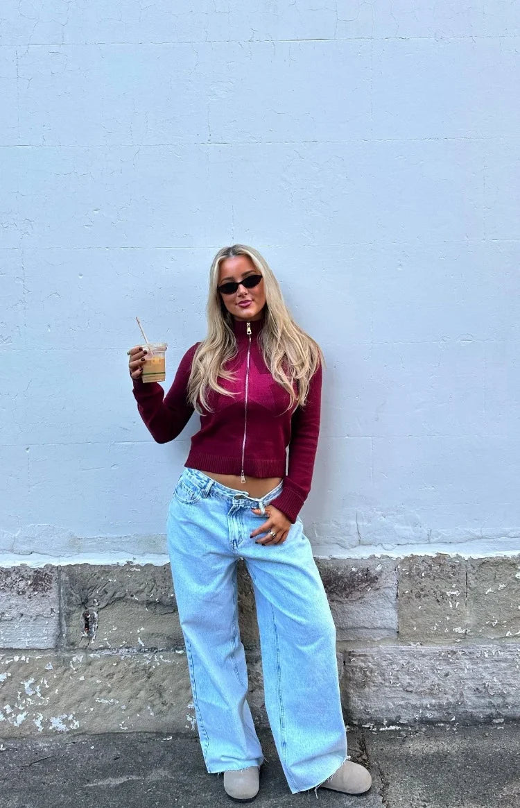 Groove Burgundy Star Zip Up Knit Sweater