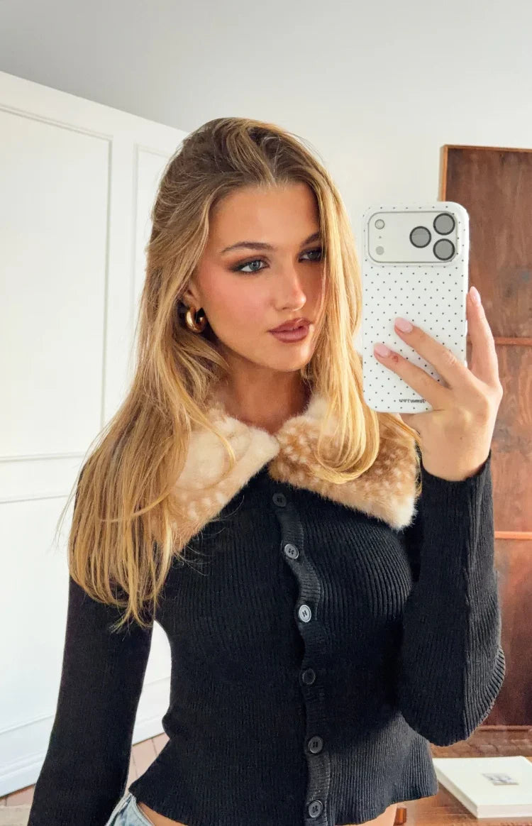 Lainey Black Fur Trim Collar Knit Cardigan