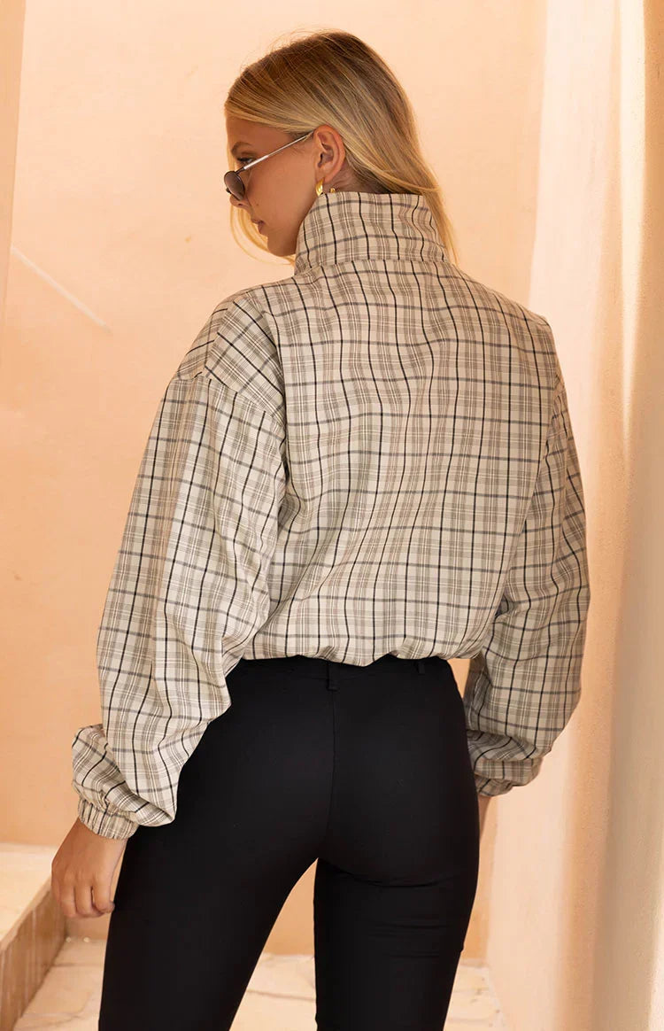 Lee Beige Plaid Funnel Neck Jacket
