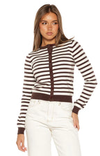 Lottie Chocolate Stripe Round Neck Cardigan