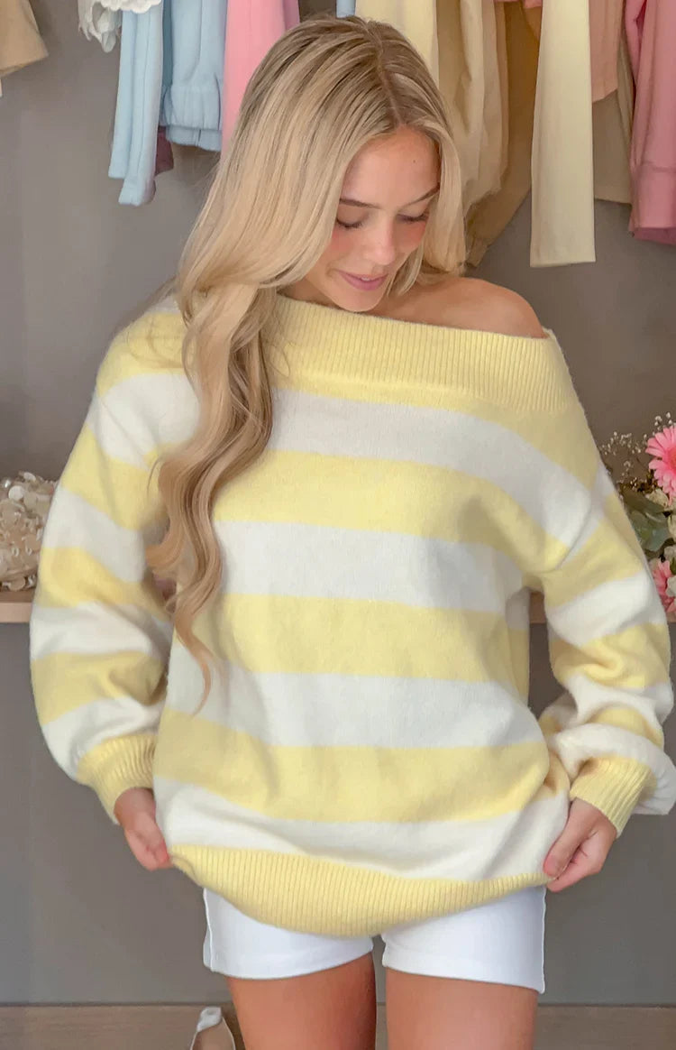 Millie Yellow Stripe Off Shoulder Knit Sweater