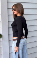 Nina Black Ribbed Knit Long Sleeve Sweater