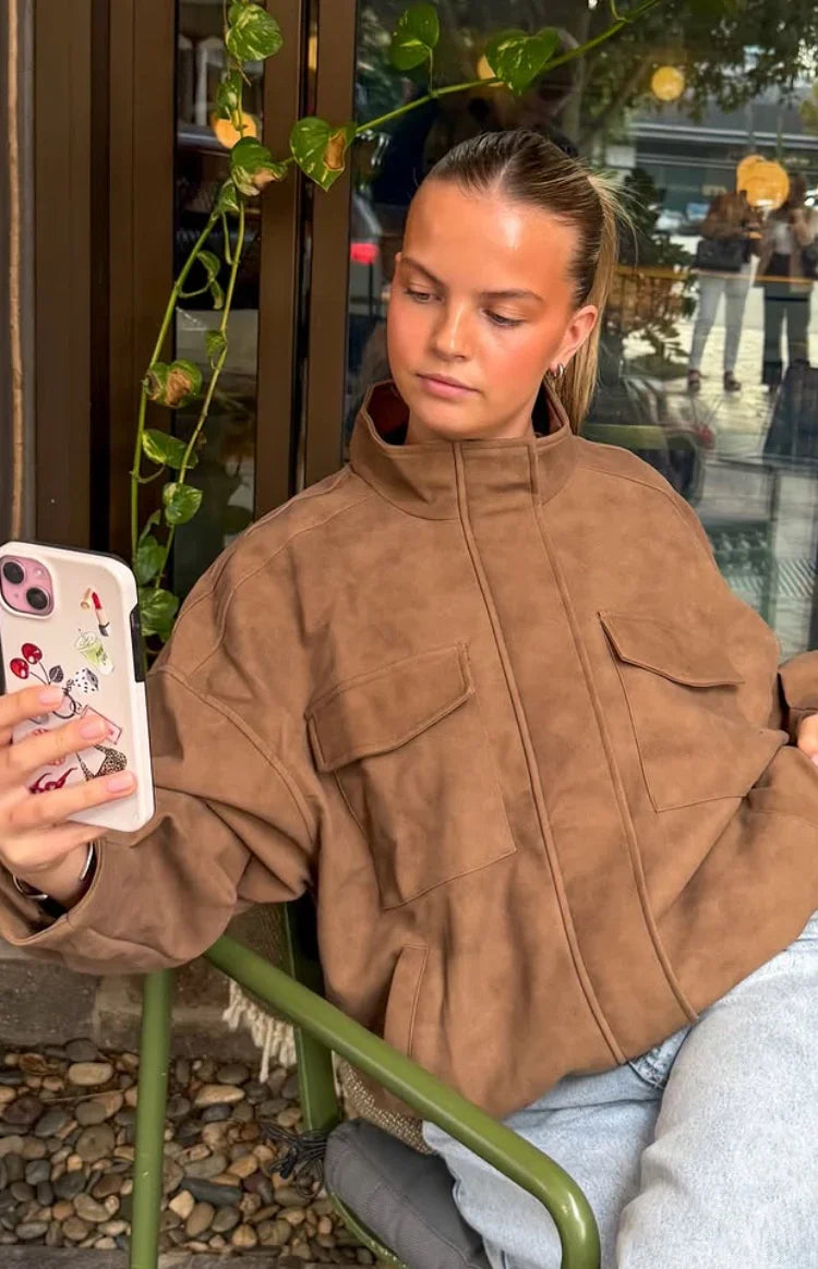Sapna Brown Oversized Funnel Neck Suedette Jacket