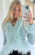 Violetta Mint Green Fur Trim Knit Cardigan
