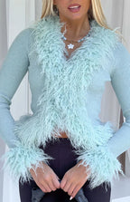 Violetta Mint Green Fur Trim Knit Cardigan
