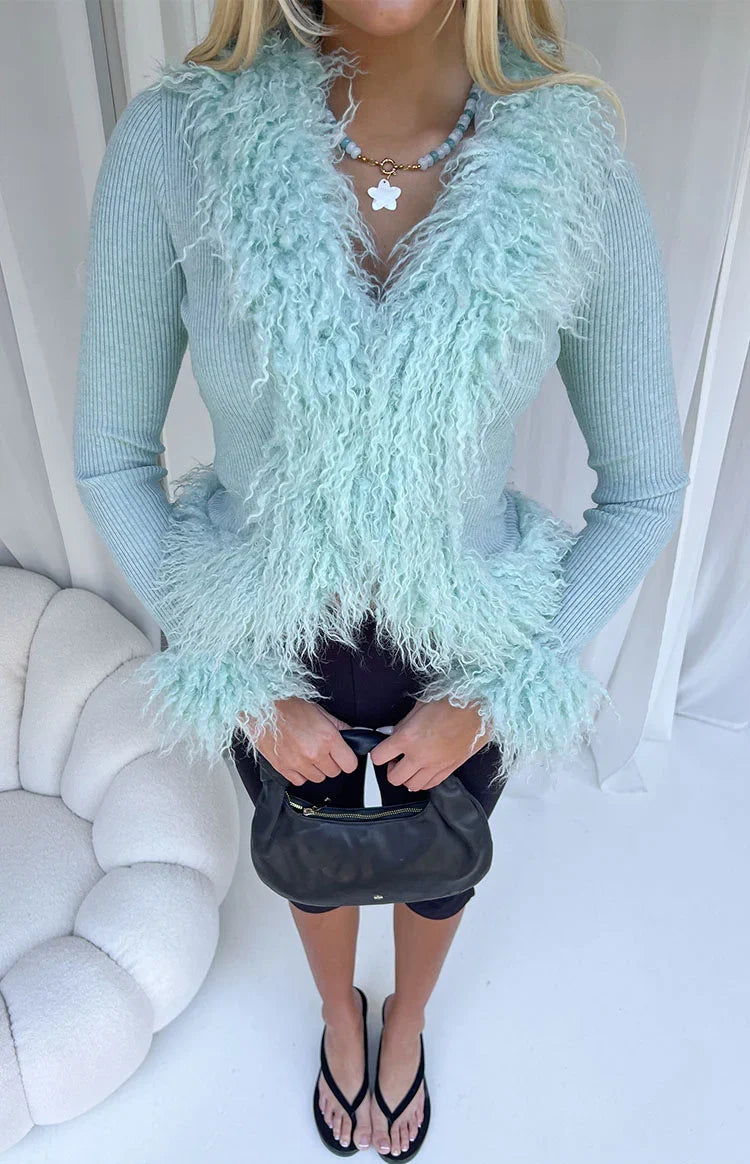 Violetta Mint Green Fur Trim Knit Cardigan