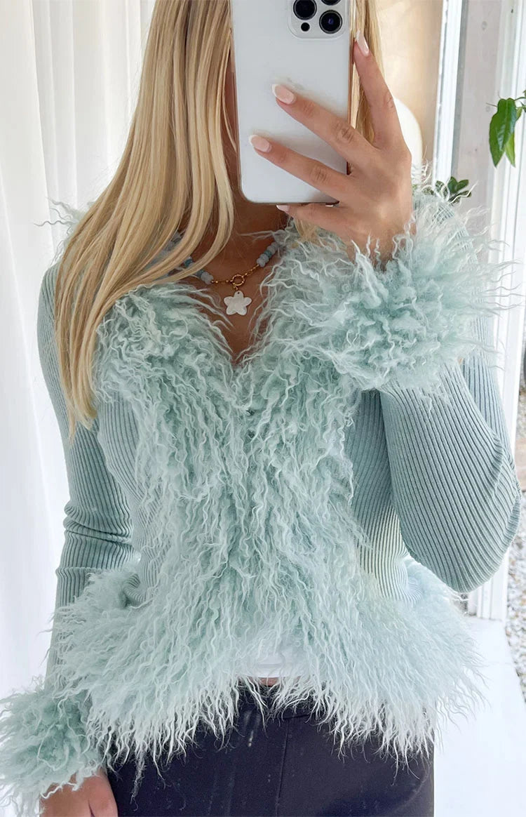 Violetta Mint Green Fur Trim Knit Cardigan