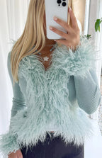 Violetta Mint Green Fur Trim Knit Cardigan