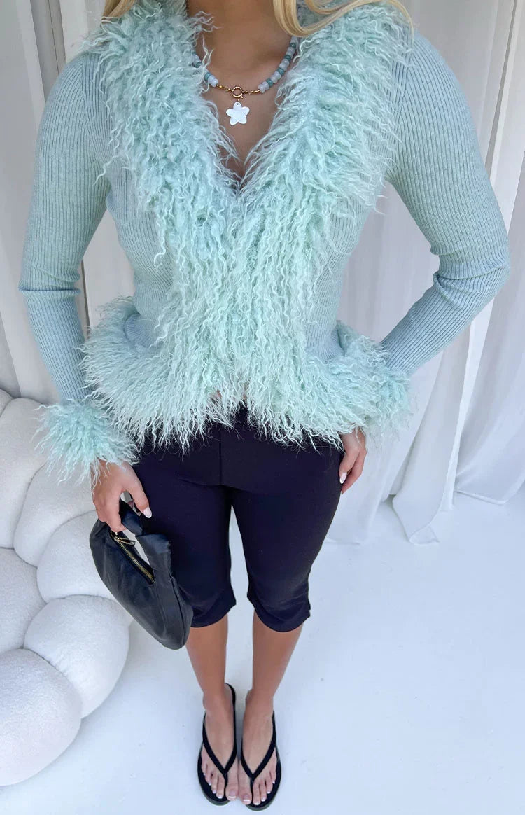 Violetta Mint Green Fur Trim Knit Cardigan