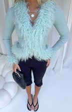 Violetta Mint Green Fur Trim Knit Cardigan