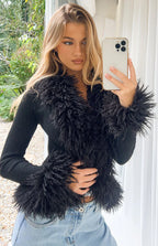 Violetta Black Fur Trim Knit Cardigan