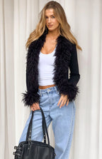 Violetta Black Fur Trim Knit Cardigan