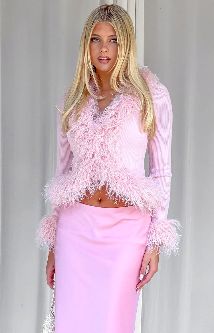 Violetta Pink Fur Trim Knit Cardigan