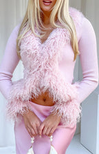 Violetta Pink Fur Trim Knit Cardigan