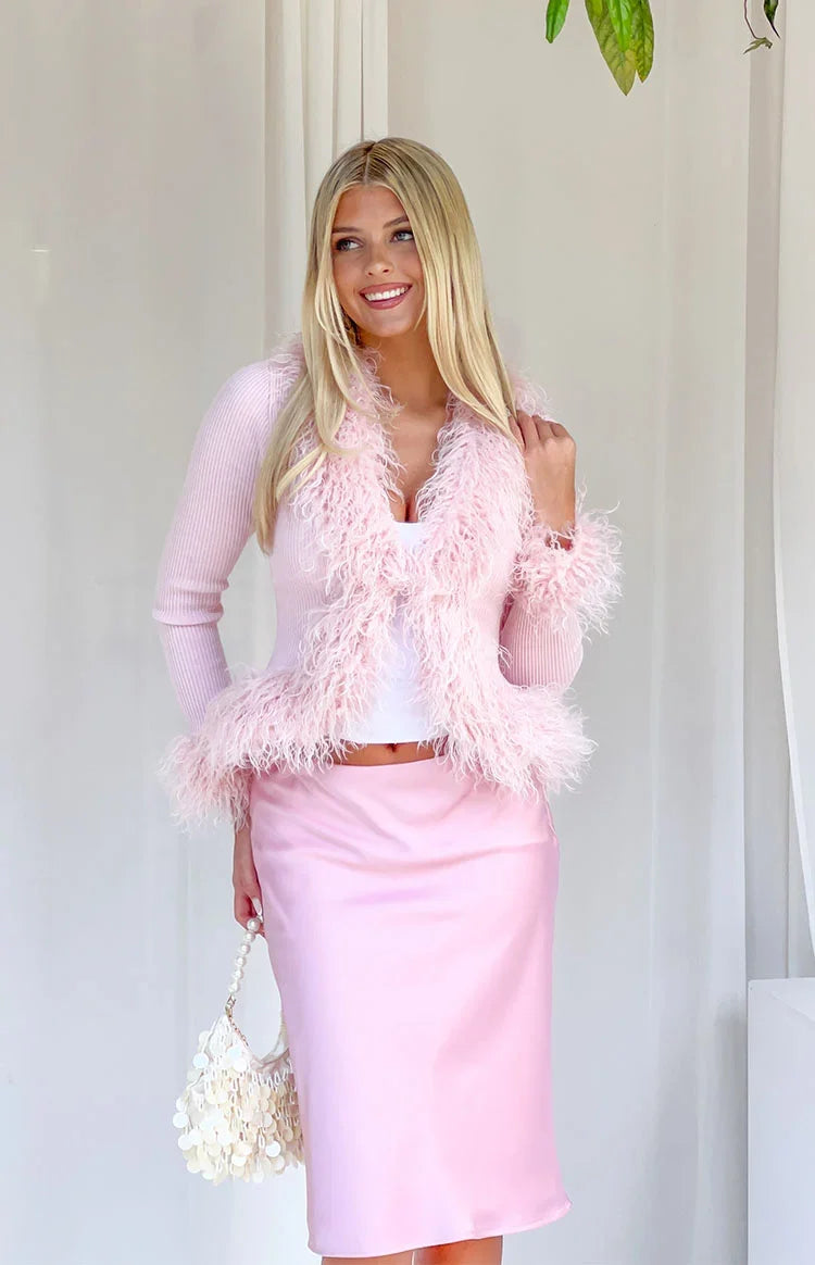 Violetta Pink Fur Trim Knit Cardigan