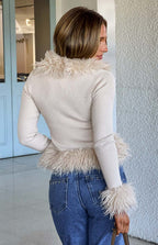 Violetta Beige Fur Trim Knit Cardigan