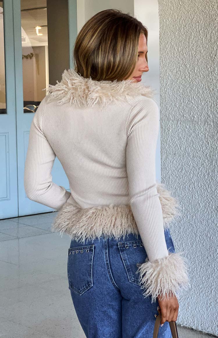 Violetta Beige Fur Trim Knit Cardigan