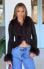 Violetta Chocolate Fur Trim Knit Cardigan
