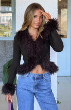 Violetta Chocolate Fur Trim Knit Cardigan