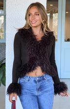 Violetta Chocolate Fur Trim Knit Cardigan