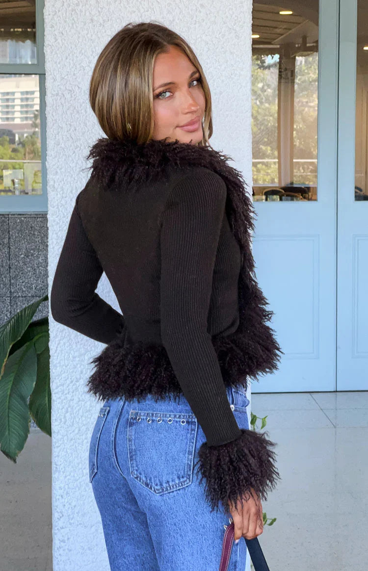 Violetta Chocolate Fur Trim Knit Cardigan